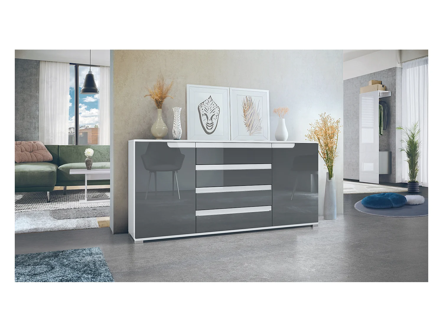 Buffet Sylt V2, Commode avec 2 Portes et 4 Tiroirs, Corps - blanc mat / Façade - gris haute brillance / Détails - blanc haute brillance (166,5 x 75,5 x 35 cm)