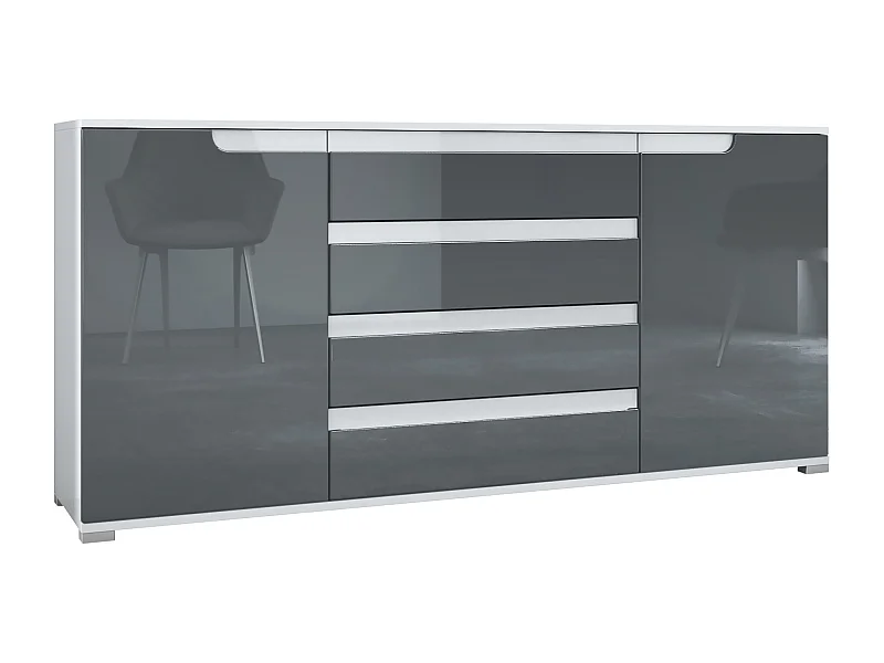 Credenza Sylt V2, Comò con 2 Ante e 4 Cassetti, Struttura - bianco opaco / Frontale - grigio lucido / Dettagli - bianco lucido (166,5 x 75,5 x 35 cm)