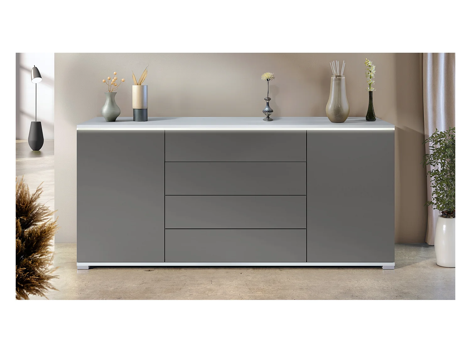 Buffet Faro V2 – Meuble avec 2 Portes & 4 Tiroirs, Armoire avec Bande LED Lumineuse, blanc mat / anthracite mat (166,5 x 75,5 x 35)