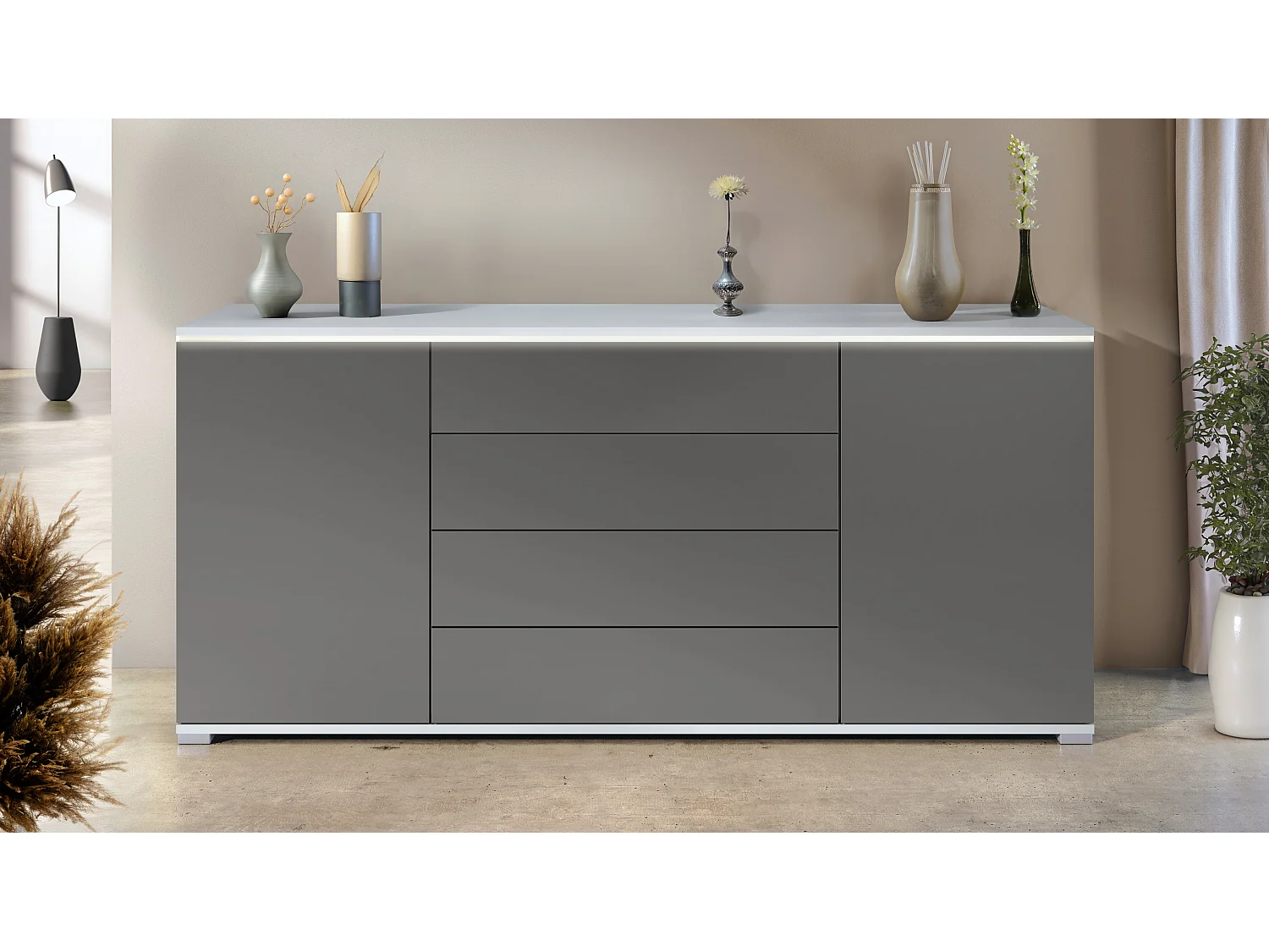 Buffet Faro V2 – Meuble avec 2 Portes & 4 Tiroirs, Armoire avec Bande LED Lumineuse, blanc mat / anthracite mat (166,5 x 75,5 x 35)