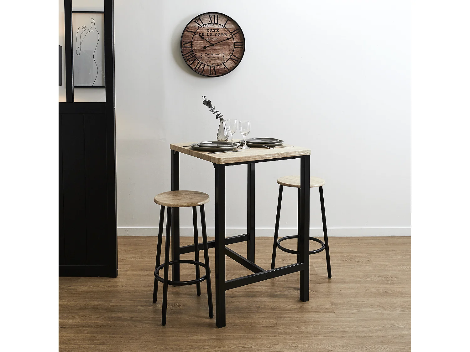 Table Mange Debout Et 2 Tabourets Loka Marron, Noir