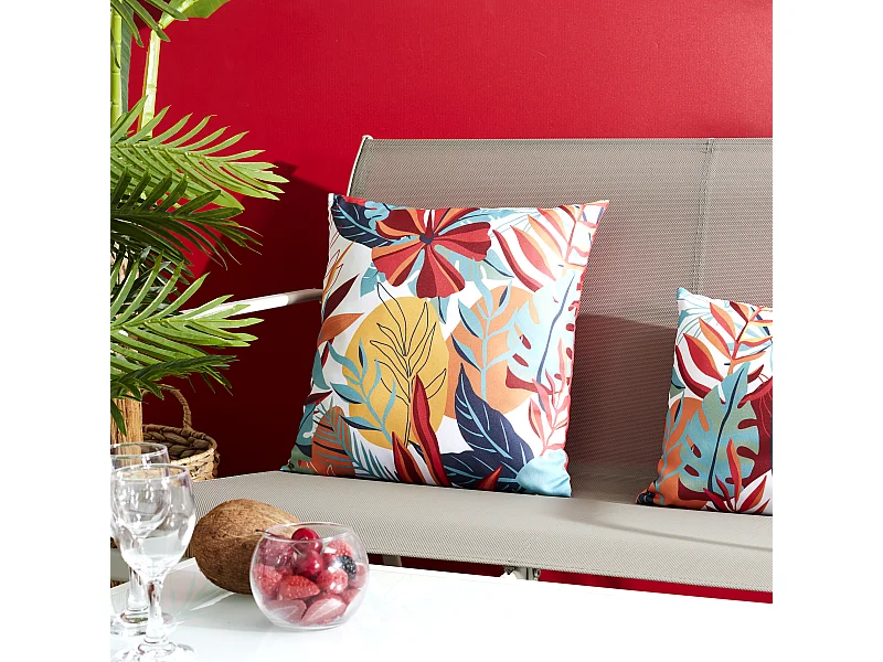 Coussin Deperlant Paradis Exotique 40x40cm Rose, Rouge, Vert, Jaune, Orange