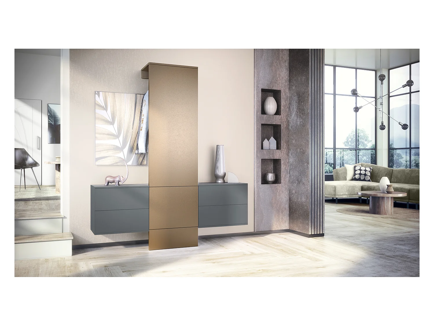 Vestiaire Garderobe Carlton Set 3, Corps en anthracite mat / Panneau portemanteau en aspect bronzé (157 x 193 x 35 cm)