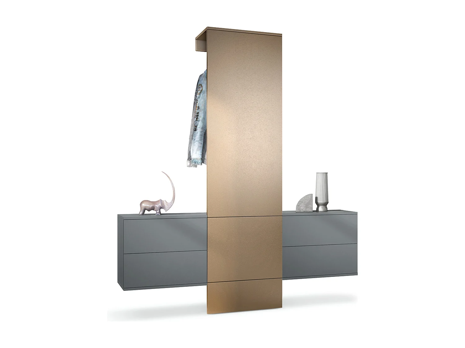 Vestiaire Garderobe Carlton Set 3, Corps en anthracite mat / Panneau portemanteau en aspect bronzé (157 x 193 x 35 cm)