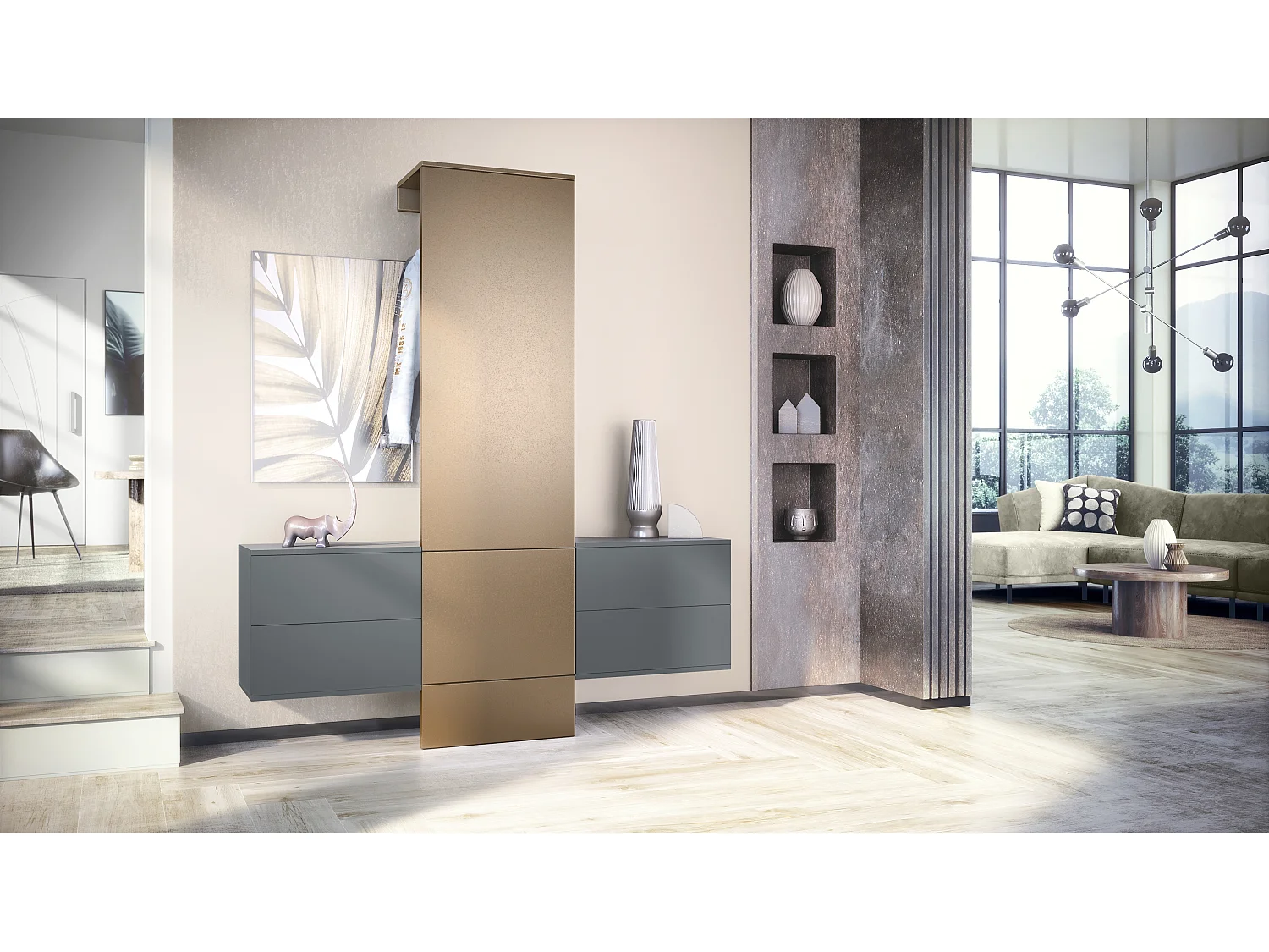 Vestiaire Garderobe Carlton Set 3, Corps en anthracite mat / Panneau portemanteau en aspect bronzé (157 x 193 x 35 cm)