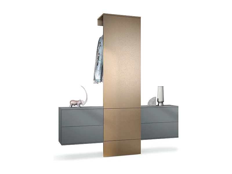 Vestiaire Garderobe Carlton Set 3, Corps en anthracite mat / Panneau portemanteau en aspect bronzé (157 x 193 x 35 cm)