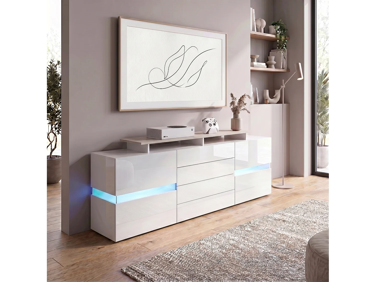 Surélévateur TV Game, tablette pour meuble TV pour rehausser, blanc mat/gris sable haute brillance (138,5 x 9,5 x 34,5 cm)