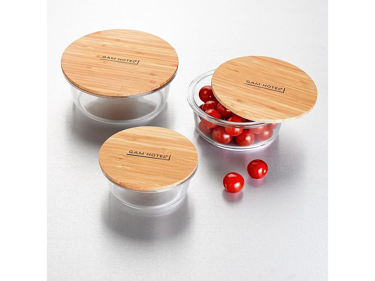 Set de 3 boîtes rondes en verre bambou - 400ml/620ml/950ml