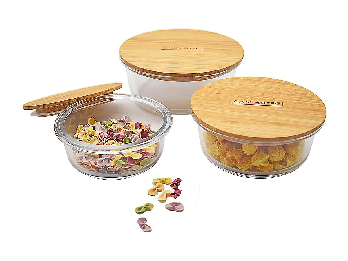Set de 3 boîtes rondes en verre bambou - 400ml/620ml/950ml