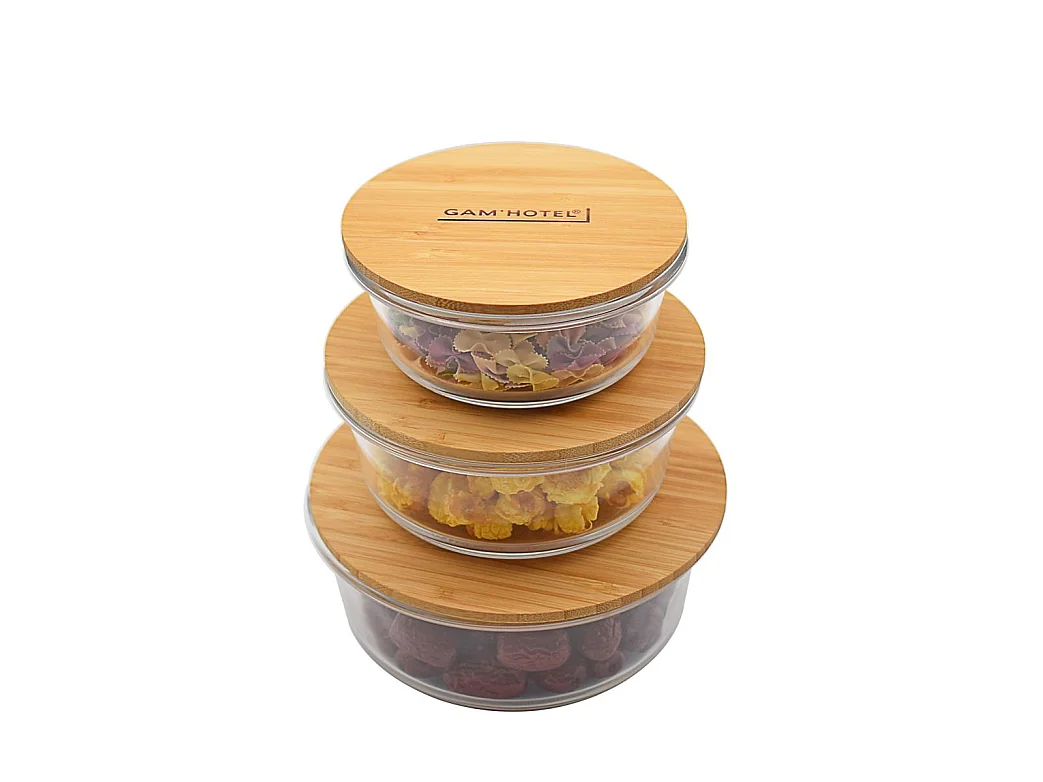 Set de 3 boîtes rondes en verre bambou - 400ml/620ml/950ml