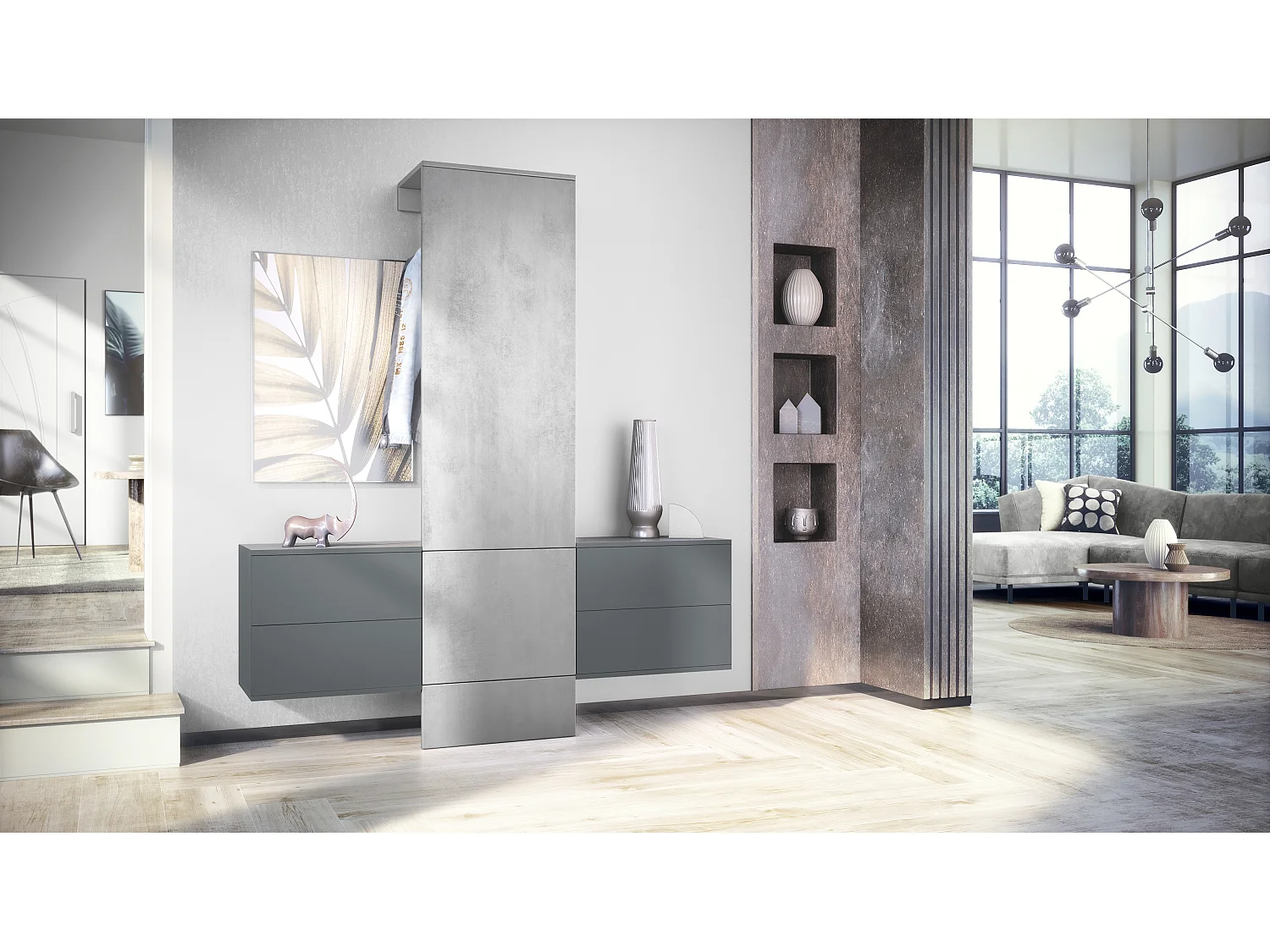 Vestiaire Garderobe Carlton Set 3, Corps en anthracite mat / Panneau portemanteau en aspect béton oxyde (157 x 193 x 35 cm)