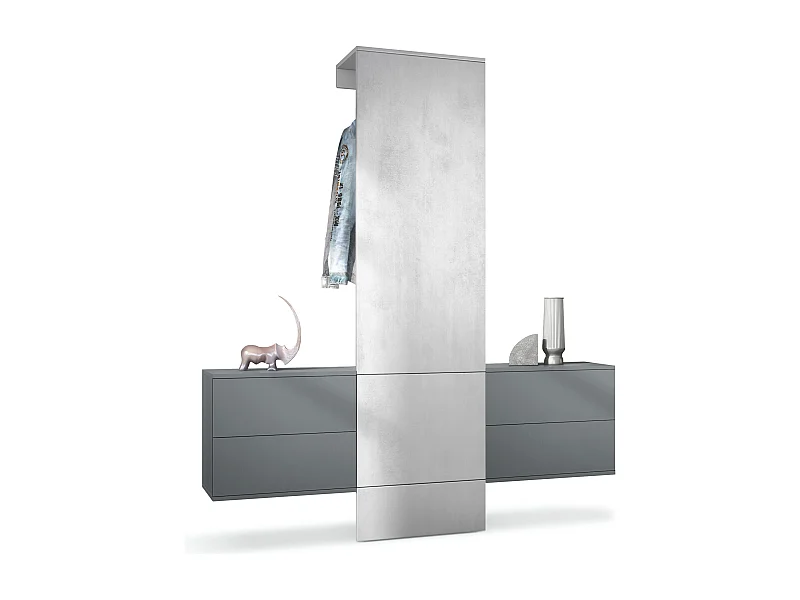 Vestiaire Garderobe Carlton Set 3, Corps en anthracite mat / Panneau portemanteau en aspect béton oxyde (157 x 193 x 35 cm)