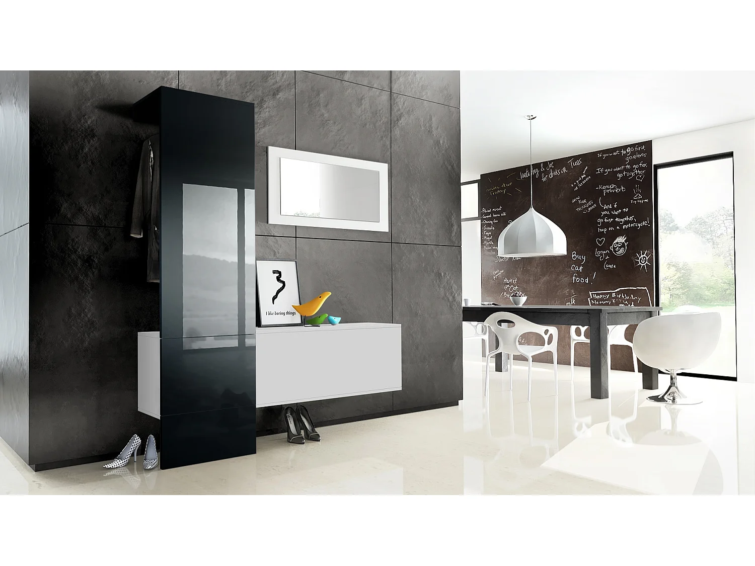 Penderie Carlton Set 4, Meuble d’entrée comprenant 1 panneau porte-manteaux, 1 module de commode et 1 miroir mural, Blanc mat/noir brillant (156x193x35 cm)