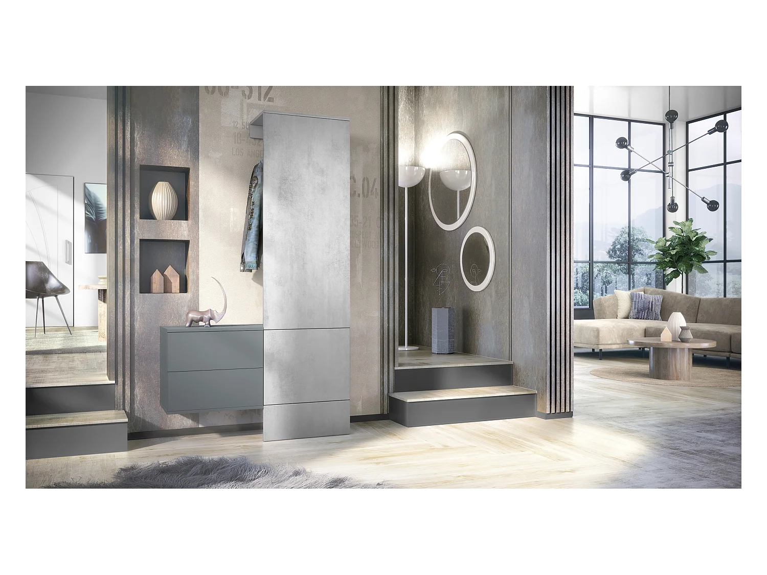 Penderie Carlton Set 2, Meuble d’entrée comprenant 1 panneau porte-manteau, 1 coffre à tiroir, anthracite mat/aspect béton oxyde (105 x 193 x 35 cm)