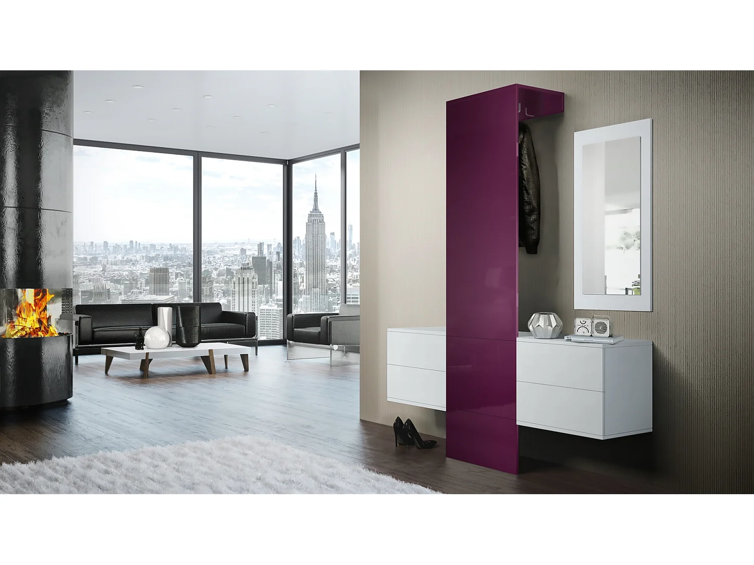 Vestiaire Garderobe Carlton Set 3, Corps en Blanc mat / Panneau portemanteau en mûre haute brillance