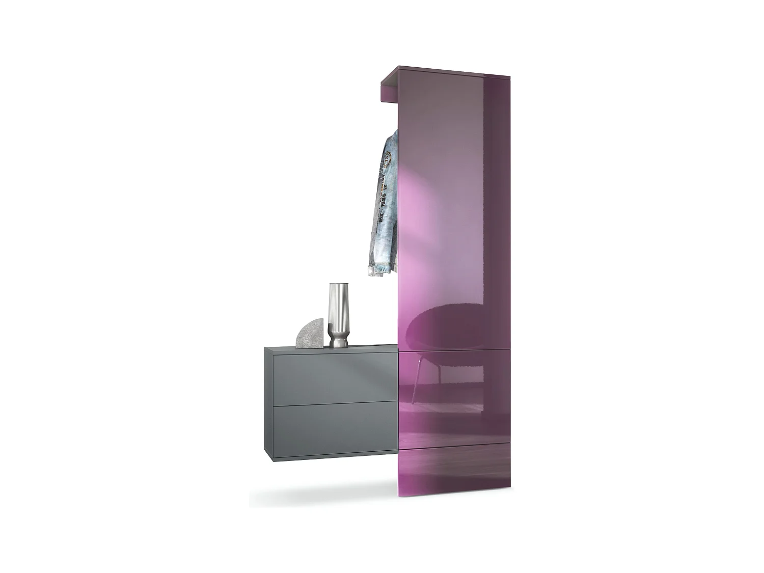 Penderie Carlton Set 2, Meuble d’entrée comprenant 1 panneau porte-manteau, 1 coffre à tiroir, anthracite mat/mûre haute brillance (105 x 193 x 35 cm)