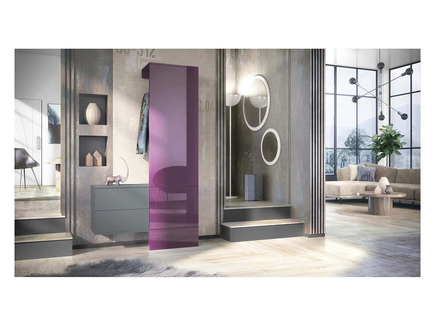 Penderie Carlton Set 2, Meuble d’entrée comprenant 1 panneau porte-manteau, 1 coffre à tiroir, anthracite mat/mûre haute brillance (105 x 193 x 35 cm)