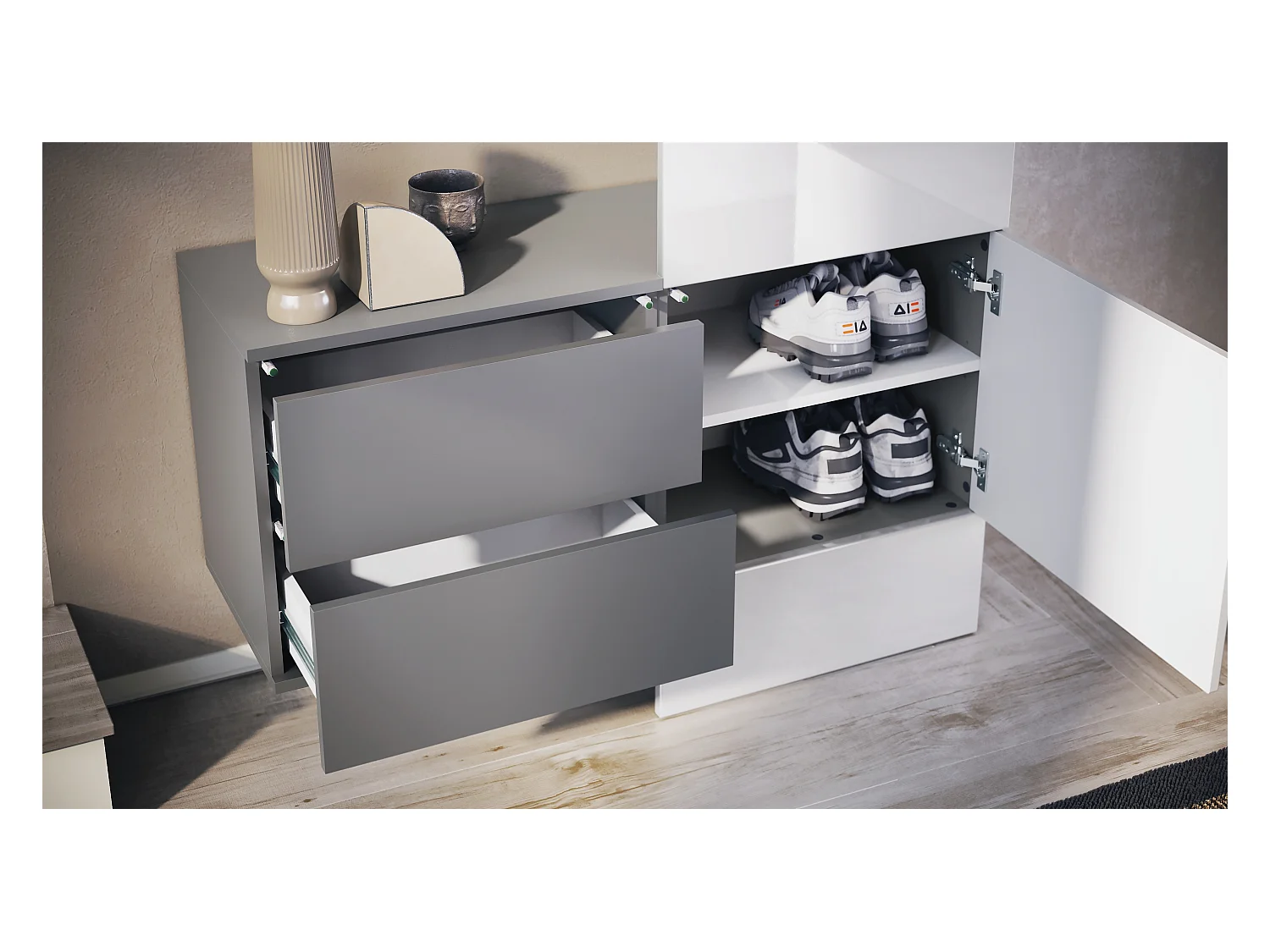 Penderie Carlton Set 2, Meuble d’entrée comprenant 1 panneau porte-manteau, 1 coffre à tiroir, anthracite mat/mûre haute brillance (105 x 193 x 35 cm)