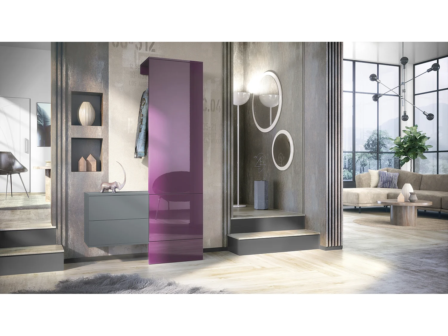 Penderie Carlton Set 2, Meuble d’entrée comprenant 1 panneau porte-manteau, 1 coffre à tiroir, anthracite mat/mûre haute brillance (105 x 193 x 35 cm)