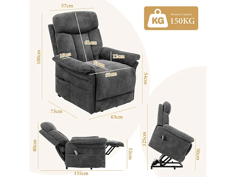 Fauteuil relax en velours côtelé avec releveur électrique, télécommande, poche latérale, réglable 90 à 160°, Charge maximale 150 kg, Gris