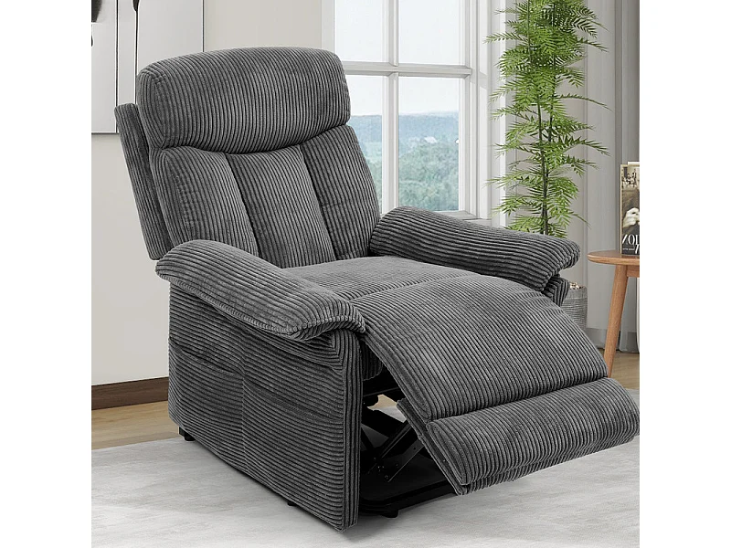 Fauteuil relax en velours côtelé avec releveur électrique, télécommande, poche latérale, réglable 90 à 160°, Charge maximale 150 kg, Gris
