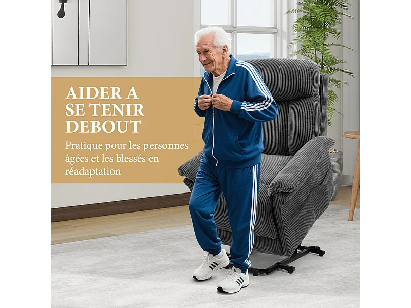 Fauteuil relax en velours côtelé avec releveur électrique, télécommande, poche latérale, réglable 90 à 160°, Charge maximale 150 kg, Gris