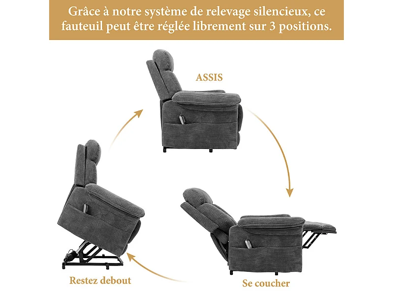 Fauteuil relax en velours côtelé avec releveur électrique, télécommande, poche latérale, réglable 90 à 160°, Charge maximale 150 kg, Gris