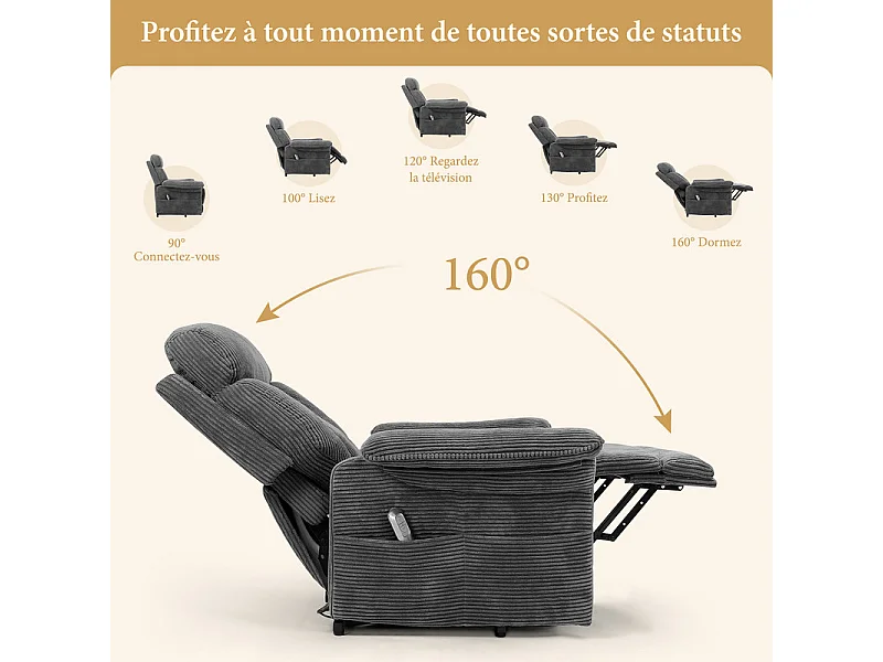 Fauteuil relax en velours côtelé avec releveur électrique, télécommande, poche latérale, réglable 90 à 160°, Charge maximale 150 kg, Gris