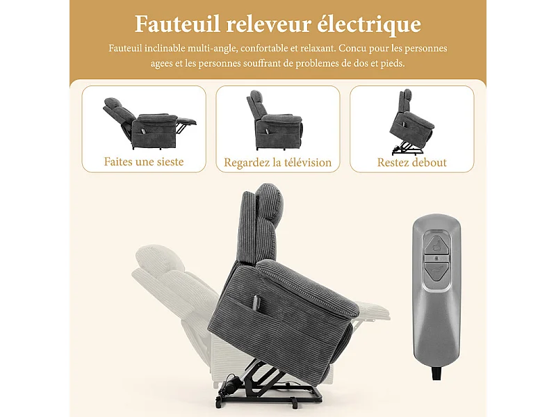 Fauteuil relax en velours côtelé avec releveur électrique, télécommande, poche latérale, réglable 90 à 160°, Charge maximale 150 kg, Gris