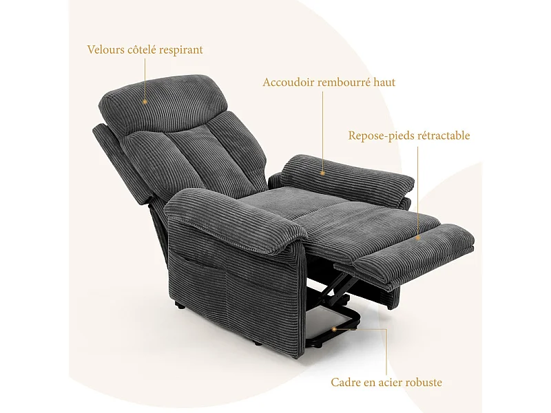 Fauteuil relax en velours côtelé avec releveur électrique, télécommande, poche latérale, réglable 90 à 160°, Charge maximale 150 kg, Gris