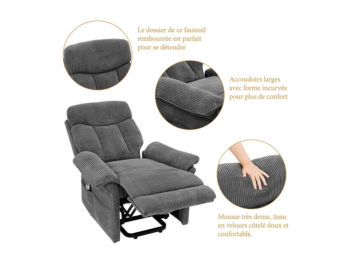 Fauteuil relax en velours côtelé avec releveur électrique, télécommande, poche latérale, réglable 90 à 160°, Charge maximale 150 kg, Gris