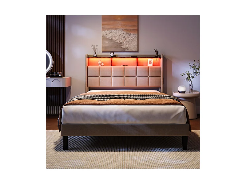 Lit rembourré 140x200cm en lin, tête de lit réglable 113-123cm, avec USB et LED RGB, Beige