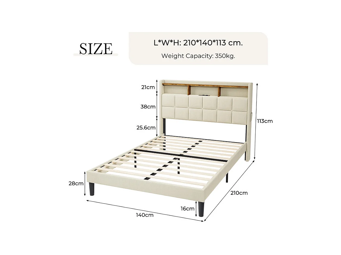 Lit rembourré 140x200cm en lin, tête de lit réglable 113-123cm, avec USB et LED RGB, Beige