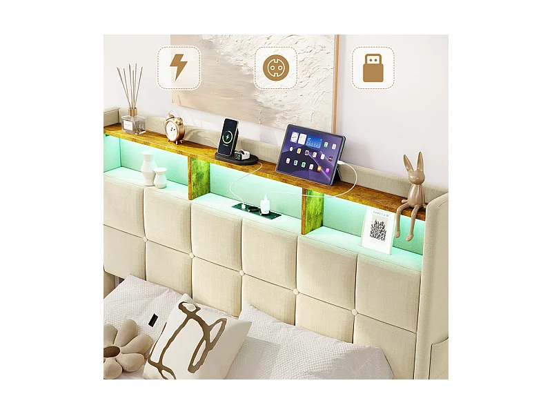 Lit rembourré 140x200cm en lin, tête de lit réglable 113-123cm, avec USB et LED RGB, Beige