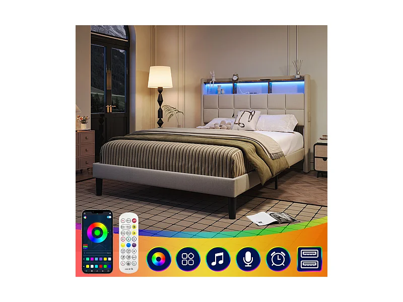Lit rembourré 140x200cm en lin, tête de lit réglable 113-123cm, avec USB et LED RGB, Beige
