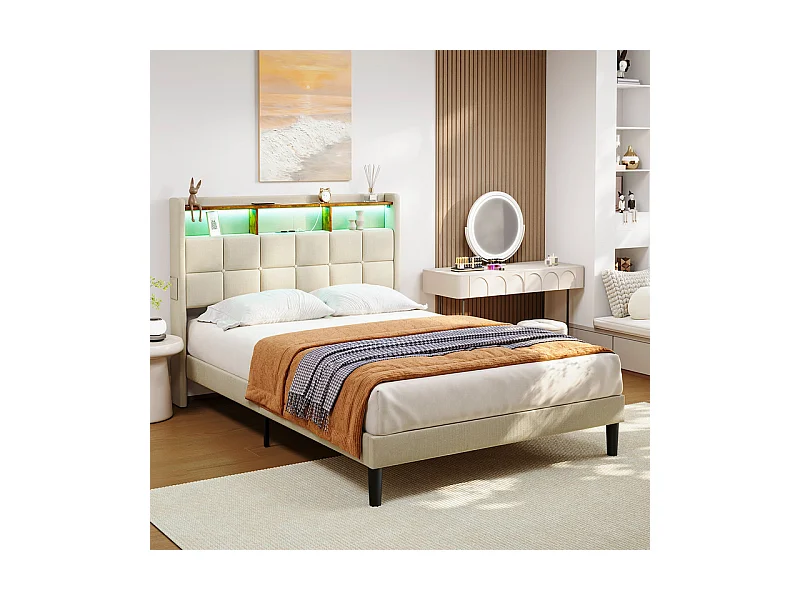Lit rembourré 140x200cm en lin, tête de lit réglable 113-123cm, avec USB et LED RGB, Beige