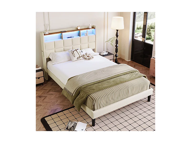 Lit rembourré 140x200cm en lin, tête de lit réglable 113-123cm, avec USB et LED RGB, Beige