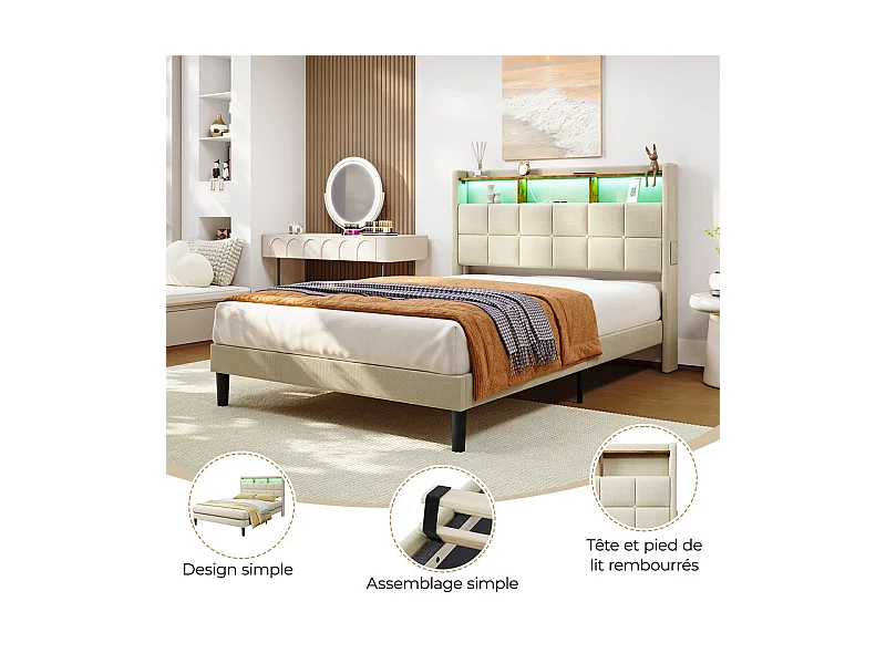 Lit rembourré 140x200cm en lin, tête de lit réglable 113-123cm, avec USB et LED RGB, Beige