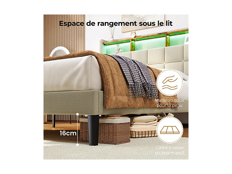 Lit rembourré 140x200cm en lin, tête de lit réglable 113-123cm, avec USB et LED RGB, Beige