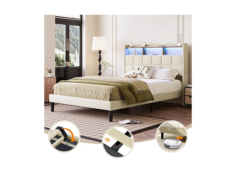 Lit rembourré 140x200cm en lin, tête de lit réglable 113-123cm, avec USB et LED RGB, Beige