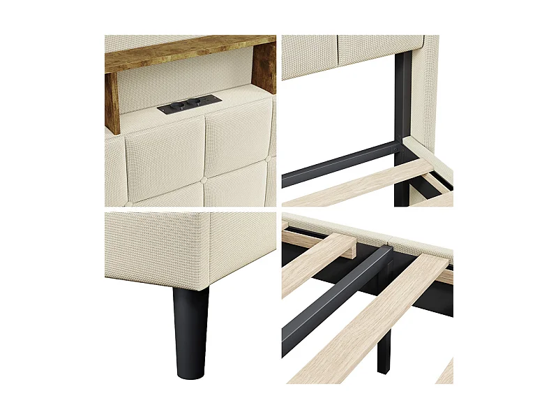 Lit rembourré 140x200cm en lin, tête de lit réglable 113-123cm, avec USB et LED RGB, Beige