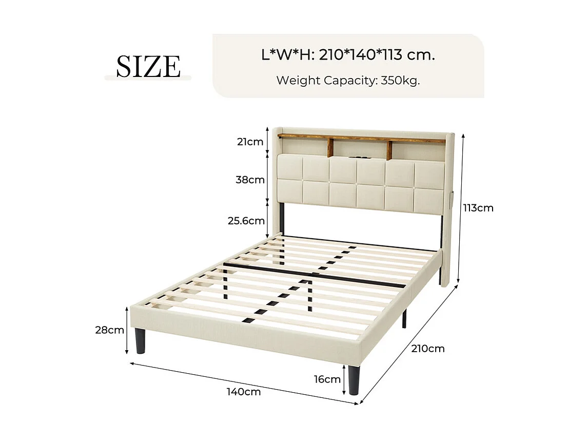 Lit rembourré 140x200cm en lin, tête de lit réglable 113-123cm, avec USB et LED RGB, Beige