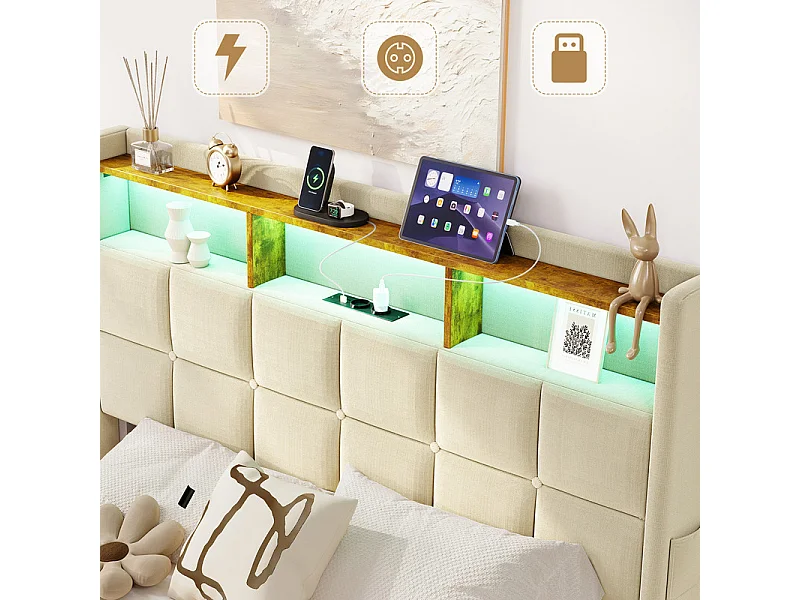 Lit rembourré 140x200cm en lin, tête de lit réglable 113-123cm, avec USB et LED RGB, Beige