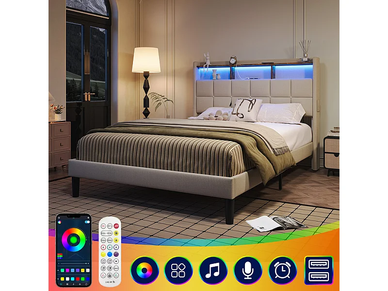 Lit rembourré 140x200cm en lin, tête de lit réglable 113-123cm, avec USB et LED RGB, Beige