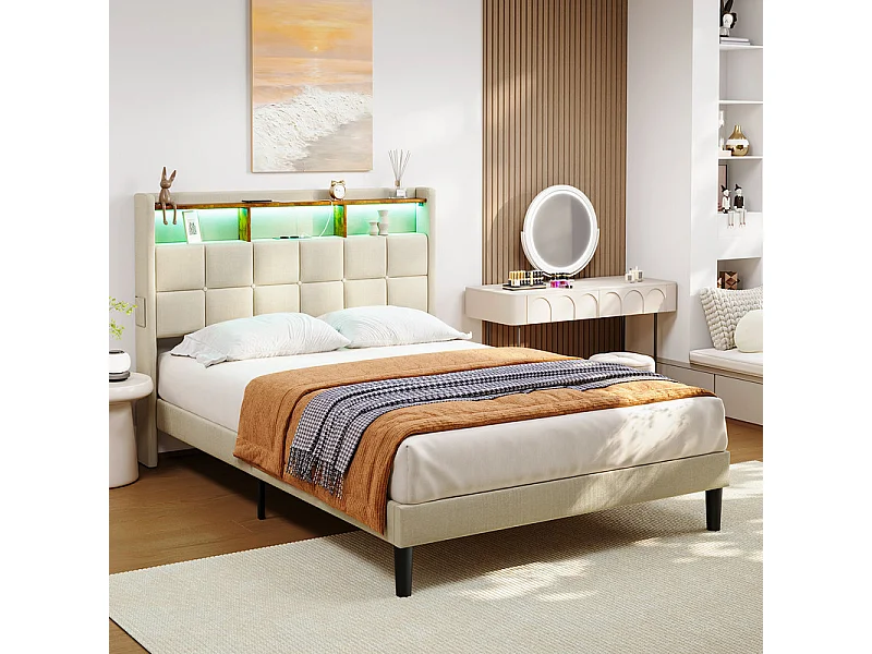 Lit rembourré 140x200cm en lin, tête de lit réglable 113-123cm, avec USB et LED RGB, Beige