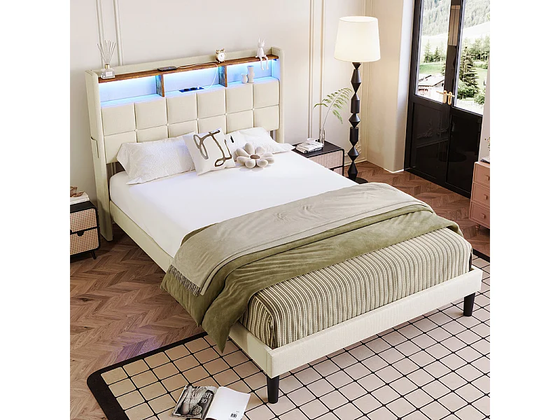 Lit rembourré 140x200cm en lin, tête de lit réglable 113-123cm, avec USB et LED RGB, Beige