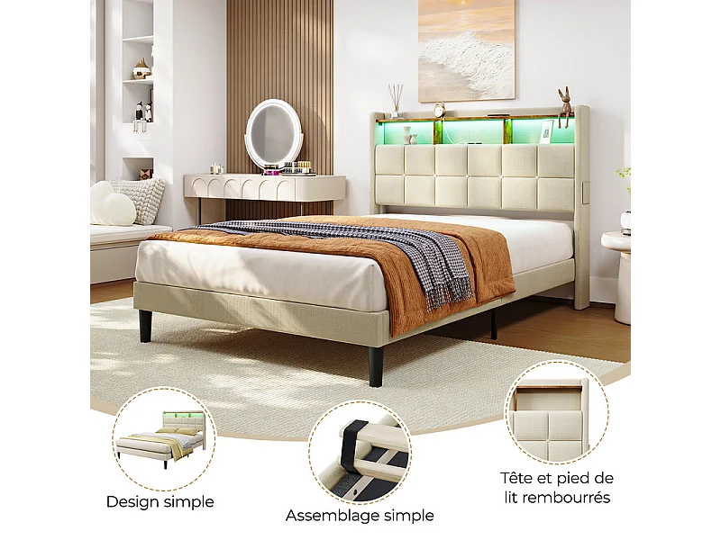 Lit rembourré 140x200cm en lin, tête de lit réglable 113-123cm, avec USB et LED RGB, Beige