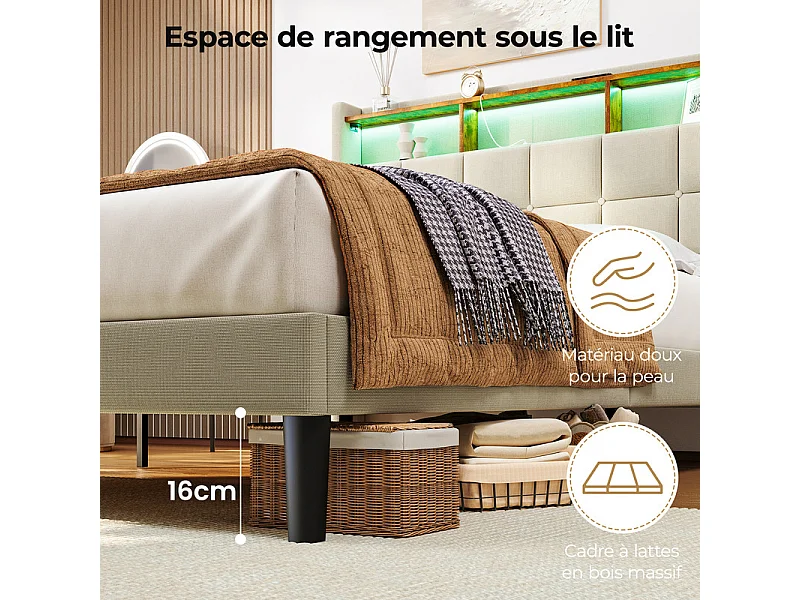 Lit rembourré 140x200cm en lin, tête de lit réglable 113-123cm, avec USB et LED RGB, Beige