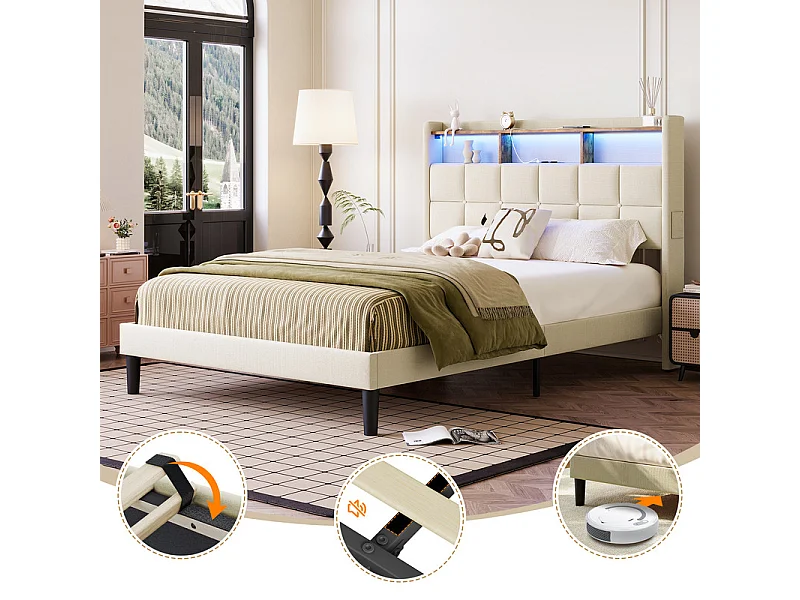 Lit rembourré 140x200cm en lin, tête de lit réglable 113-123cm, avec USB et LED RGB, Beige