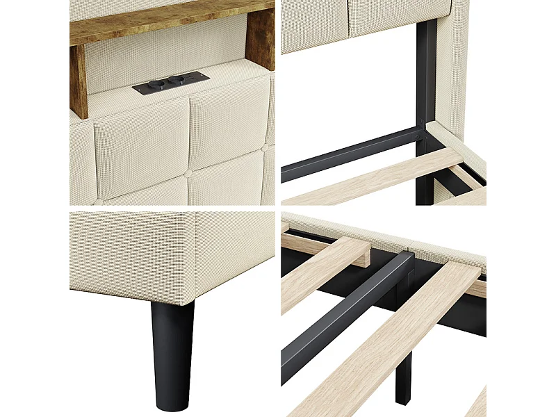 Lit rembourré 140x200cm en lin, tête de lit réglable 113-123cm, avec USB et LED RGB, Beige